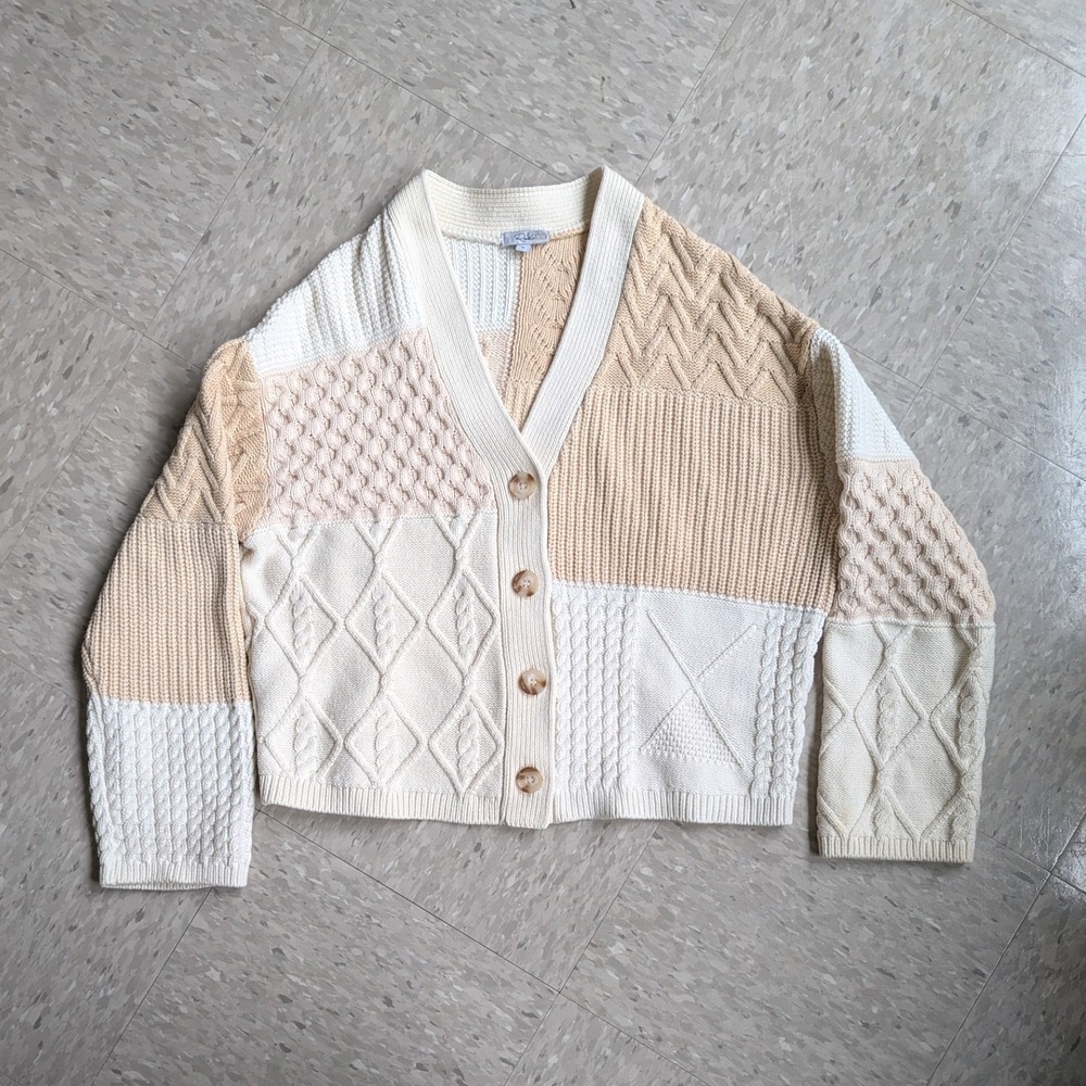 Rails‎ Reese Cream Patchwork Cable Knit Cardigan Sweater Small Tan Mixed Stitch